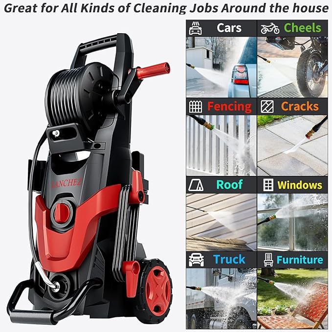 2026Upgraded Pressure Washer 4800PSI w/4 Quick Connect Nozzles, Inlet Hose & Filter&500ML Soap Tank, High Cleaning Machine for Cars/Fences/Driveways/Patios/Home Cleaning,Red