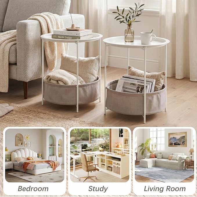 VECELO Round Side/End Table with Fabric Storage Basket，Metal Anti-Rust and Waterproof Small Bedside Nightstand with Removable Tray Top for Living Room，Balcony & Laundry，Beige/2pcs with Basket