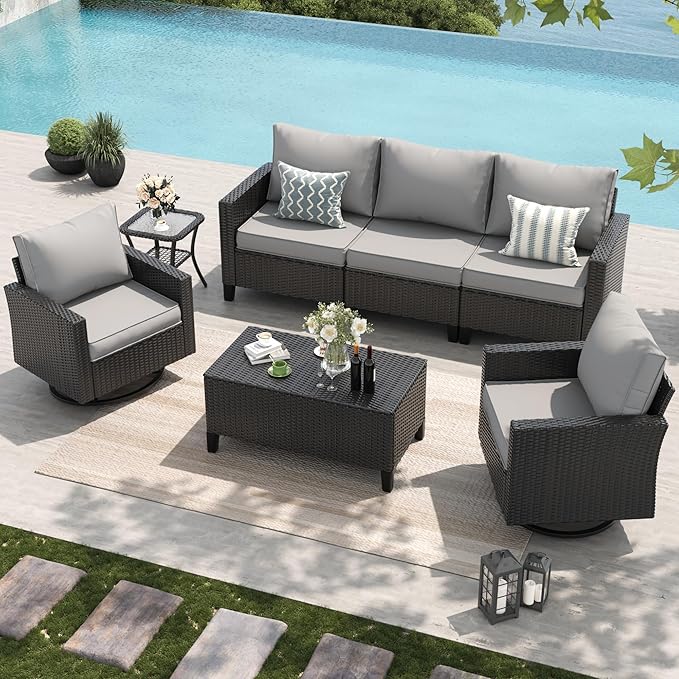 Amopatio Patio Furniture Set, 5-Piece Wicker Outdoor Sectional Sofa with Swivel Rocker Chairs, Rattan Conversation Set with Storage Coffee Table and Waterproof Cover for Backyard Black/Light Grey
