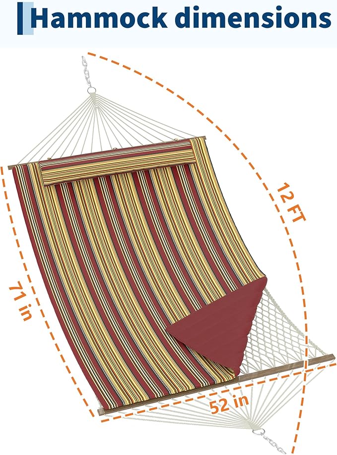 2 Person 12FT Hammocks for Outside, Double Quilted Fabric Outdoor Hammock with Spreader Bar, Large Removable Pillow, Storage Pockets, Carabiners, Max 450 Lbs Capacity