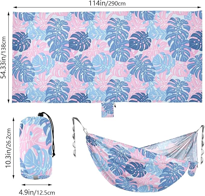 Camping Hammock Outdoor Hammocks for Outside Blue Pink Monstera Leaves Beach Trees Portable Lightweight with Pockets Tree Straps Indoor