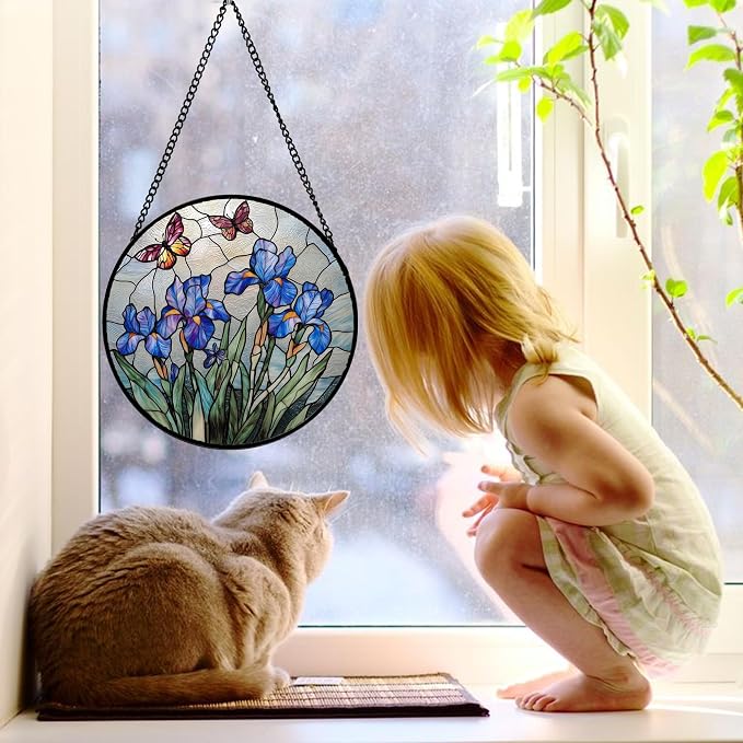 DASTOLL Stained Glass Window Hanging, Blue Iris Flowers Butterfly Suncatcher Diamond Colorful Glass Panel Sun Catchers Decor for Birthday for Women, Men, Wife, Aunt, and Mom 15x15 in