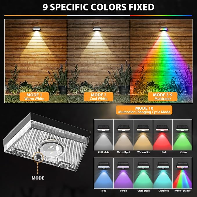 Solar Fence Lights,Warm White & Cool White & RGB 7Colors ＆ Color Changing Mode IP65 Waterproof Solar Lights Outdoor, Solar Deck Lights for Outside/Patio/Backyard/Wall/Pool/Fence/Railing/Step(12Pack)