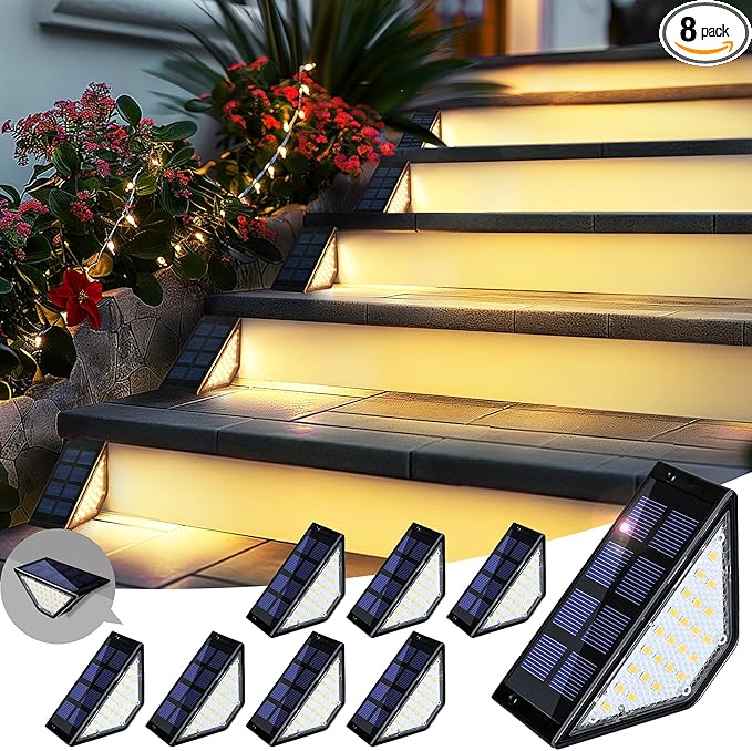 PATIOWIN 8 Pack Solar Step Lights for Outside, 24 LEDs Solar Stair Lights Waterproof IP65, Solar Deck Lights Outdoor Decor for Garden, Porch, Pathway, Patio, Fence(Warm White)