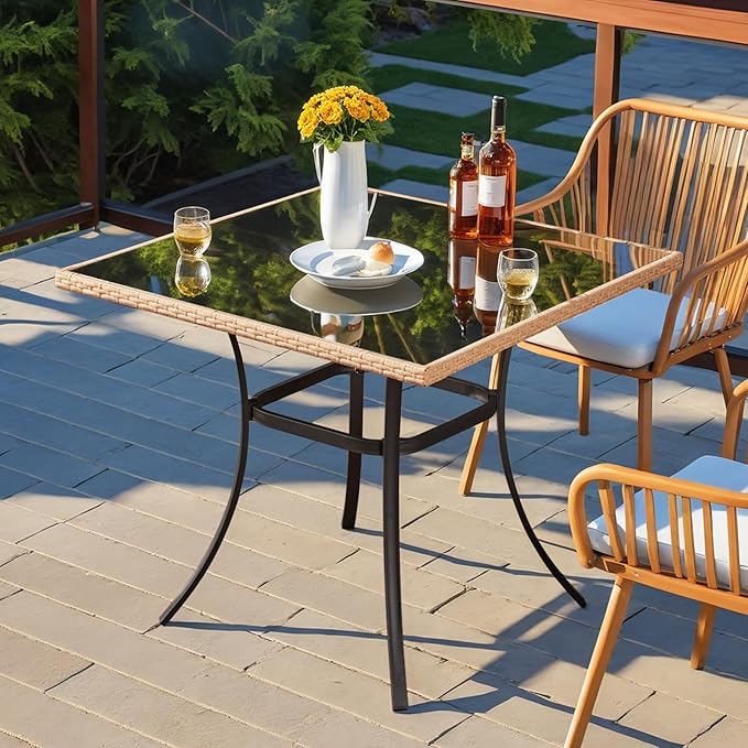35.2-Inch Square Outdoor Dining Table, Weather-Resistant Rattan & Steel Frame with Tempered Glass Top, 4-Person Patio Furniture for Garden, Balcony, Backyard, Modern Black Bistro Table(Only Table)