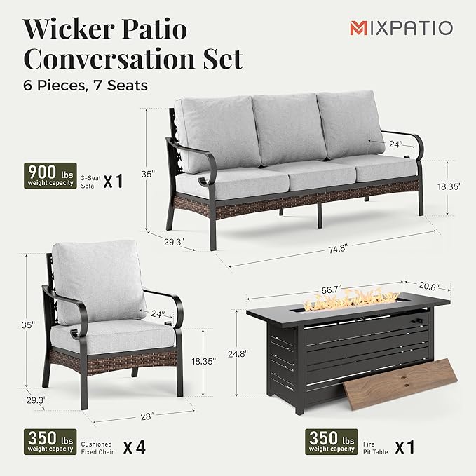Patio Furniture Set with Fire Pit Table, Metal Outdoor Conversation Set with 5.75'' Extra Thick Cushion, 4 Leg Chairs, 3-Seat Sofa and Gas Fire Pit Table, Light Grey