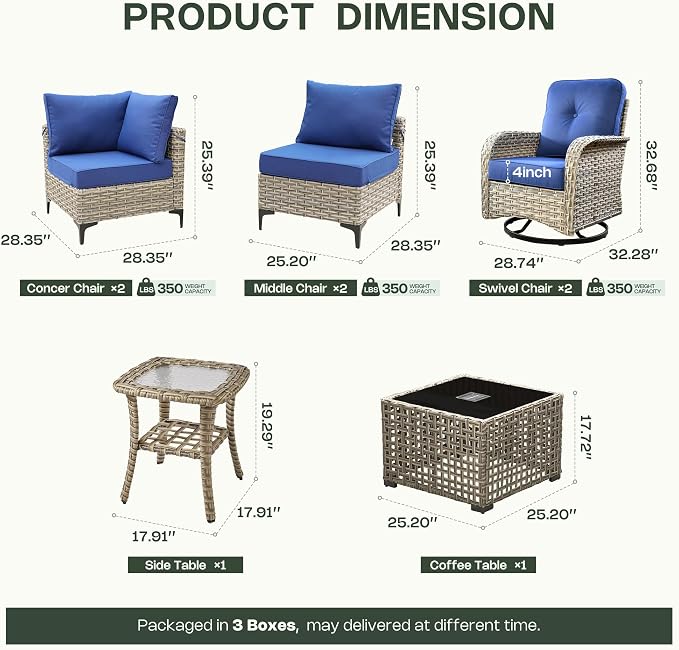 8 Pieces Patio Furniture Set, Outdoor Conversation Set with 360° Swivel Rocker Chairs, Wicker Sectional Sofa & Solar Powered Lighted Table, High Back Outdoor Furniture for Backyard Porch, Navy Blue