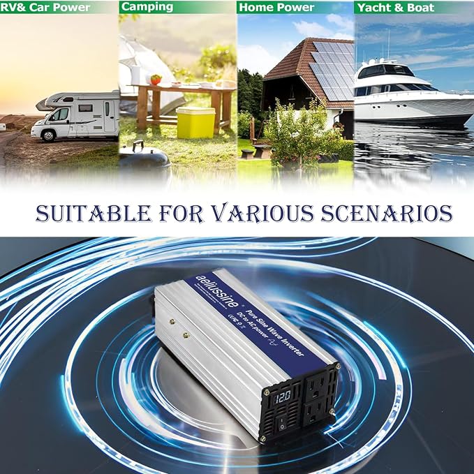 800W Pure Sine Wave Inverter-36V DC to 110V 120V AC Power Converter with 2 AC Outlets, 36 Volt Power Inverter for Truck, Rv, Camping, Home, Emergency Power