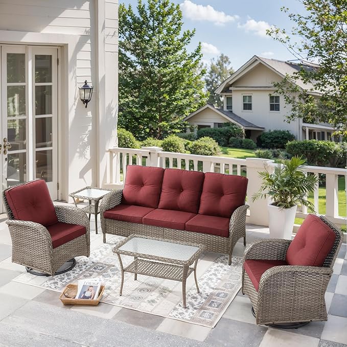 5 Pieces Wicker Patio Furniture Set-Outdoor Swivel Rocker Patio Chairs Patio Sofa Set with Tempered Glass Top Outdoor Coffee Table for Deck Lawn Porch Balcony Poolside-Grey/Red