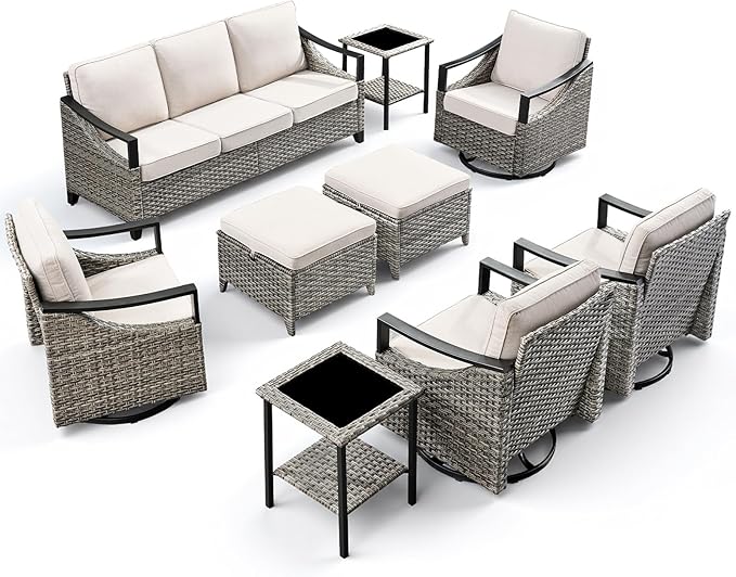 9 Piece Outdoor Patio Furniture Sets-High Back Wicker Swivel Rocker Patio Chairs Set of 4 with Thick Cushions Ottomans, Outdoor Sofa, Patio Conversation Sets for Porch Balcony Patio Deck Grey/Beige