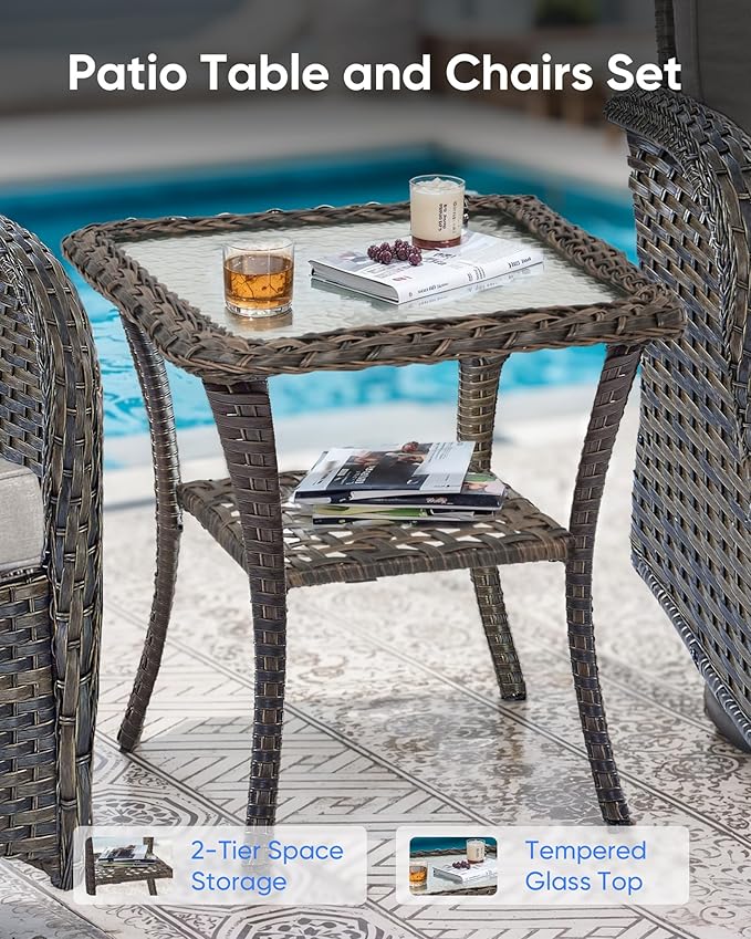 7 Pieces Patio Furniture with Fire Pit-High Back Swivel Patio Chairs Set of 4 with Outdoor Side Table Outdoor Patio Furniture Set for Deck Porch Garden Balcony Poolside-Brown/Beige