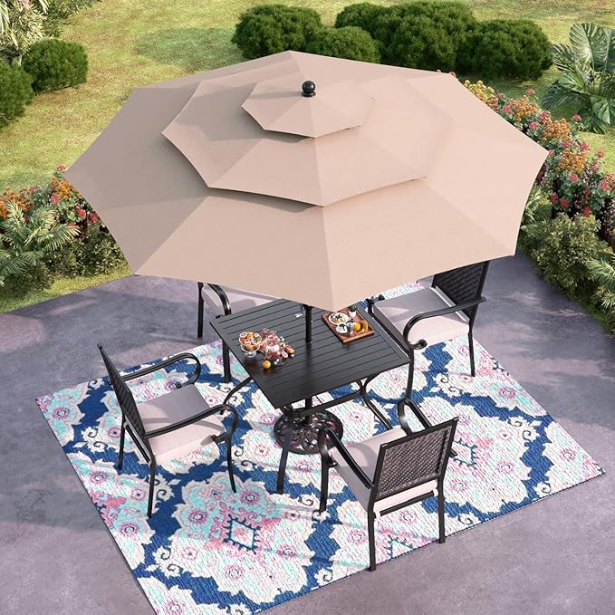 GREEN PARTY 10ft Outdoor Patio Umbrella, [Auto-Tilting] 3 Tiers Market Table Umbrellas with 1.5" Pole, 8 Sturdy Ribs, 3-Year-Non-Fading for Garden Deck Pool Backyard, Beige