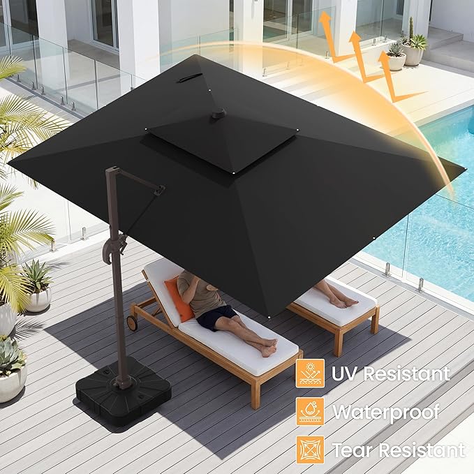 HASLE OUTFITTERS 9x12 FT Patio Cantilever Umbrella, Outdoor Offset Large Rectangular Heavy Duty Double Top Umbrellas with 360° Rotation for Pool Garden Deck，Black