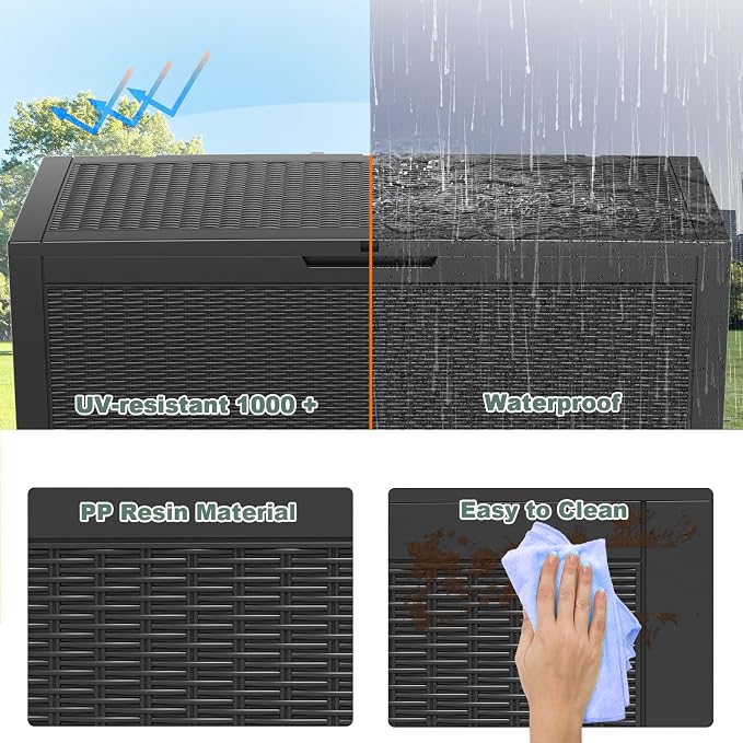 DRATO 100 Gallon Large Deck Box, Outdoor Storage Box for Patio Furniture, Patio Cushions, Gardening Tools, Pool Supplies, 660lbs Weight Capacity, Waterproof Resin Storage Boxes (Black, 100 Gallon)