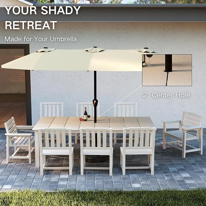 Kingdura 9 Piece Patio Dining Set for 8, 75.2'' HDPE Outdoor Dining Table Set with 2" Umbrella Hole, Weather-Resistant Outdoor Furniture, Table and Chairs Set for Backyard Pool Garden, White