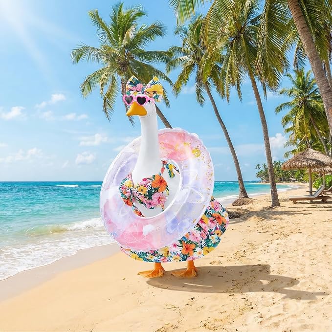 Bikini Porch Goose Outfits Fits 23" Goose Statue Summer Porch Goose Outfit with Sunglasses and Swim Ring Hawaiian Porch Goose Clothes Costume for Outdoor Garden Lawn Yard Decor(Colorful Flower)