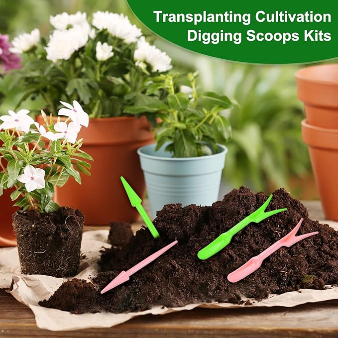 M METERXITY 12-Pack Mini Garden Hand Succulent Transplanting Tools, Plastic Seedlings Dibber Sowing Digging for Repotting/Lawn Maintenance/Plant Care, Small Gardening Tools [Green, Pink]