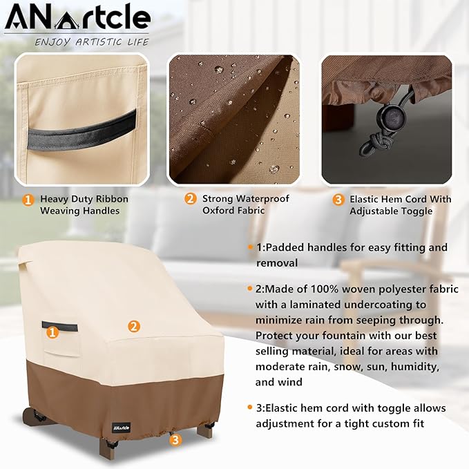 ANartcle Patio Adirondack Chair Cover 2 Pack,600D Waterproof Heavy Duty Outdoor Chair Covers,Adirondack Chair Covers(30W x 34D x 36H inches),Patio Furniture Covers,Beige&Brown