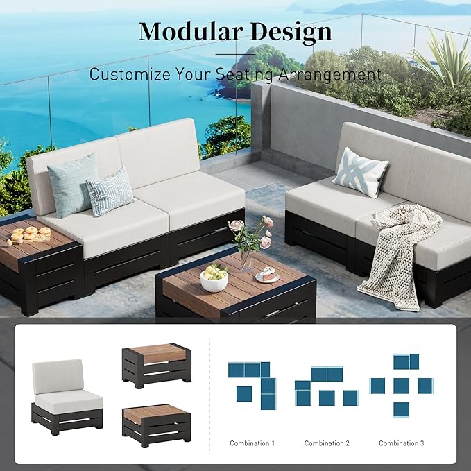 Upgraded 6-Piece Metal Patio Furniture Set with 5.9" Thick Cushion, Outdoor Sectional Furniture Conversation Set with Coffee Table & Side Table, Patio Modular L Shape Sofa for Backyard