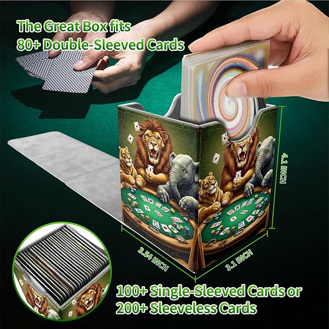 Deck Box for MTG, Cards Storage Box Fits 120+ Sleeved, Leather Medium Size Strong Magnetic Closing Card Case for Board Games Magic TCG CCG Baseball Collection, Elephant Lion