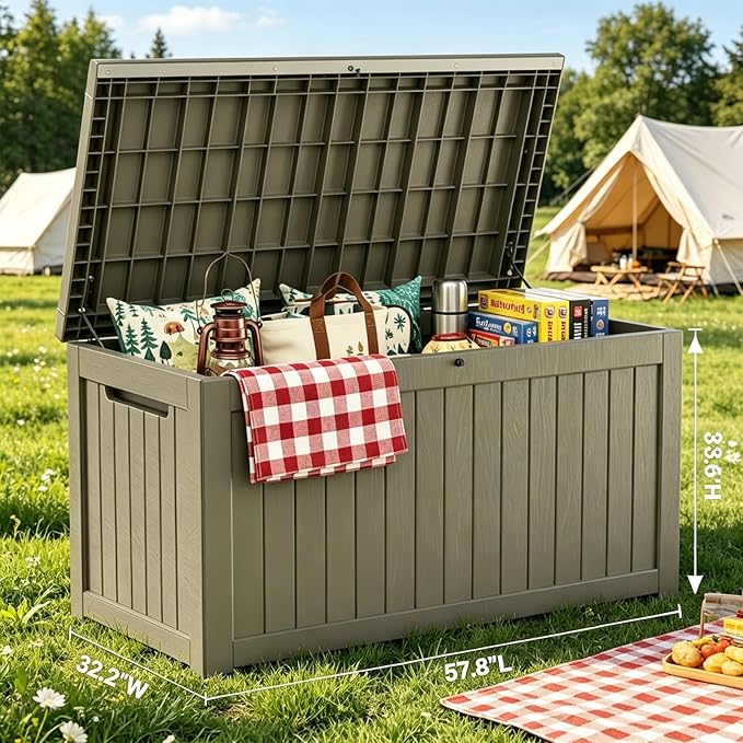 MAKINO 275 Gallon Resin Outdoor Storage Box, Waterproof Deck Box with Lockable Lid, Outside Storage Box for Patio Furniture, Pool Accessories, Garden Tools, Storage Bench for Backyard, Gray Brown