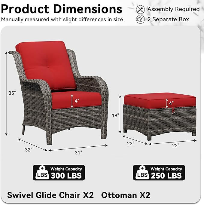 4 Piece Outdoor Wicker Patio Furniture Set, Patio Chairs Set with Thickened Olefin Cushions, High Back and Deep Seating, Hand-Woven PE Rattan, Ottoman for Porch, Deck, Red