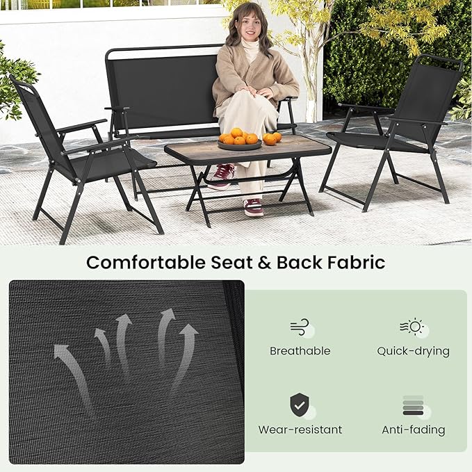 Tangkula 4 Piece Folding Patio Furniture Set, Metal Chair & Table Set with Breathable Fabric Seat, Outdoor Sectional Conversation Set with 2 Patio Chairs, Loveseat, Coffee Table for Yard Porch Deck