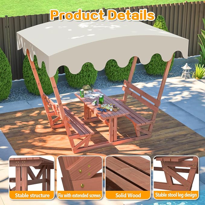 Wooden Picnic Table,Outdoor Wooden Dining Rectangle Table w/Umbrella Hole,for Patio,Garden,Backyard