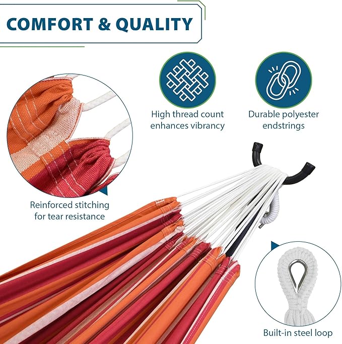 Vivere Double Cotton Hammock with Space Saving Steel Stand, Upgraded Polyester End Strings 450 lb Capacity - Premium Carry Bag Included - USA Grown Cotton (Mimosa)