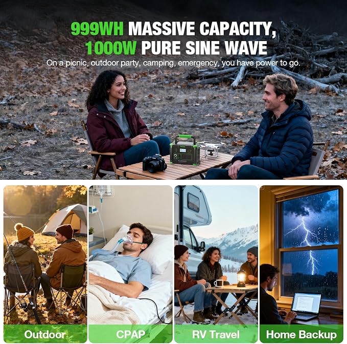 Portable Power Station 1000W, 999Wh Solar Generator, Pure Sine Wave AC Outlet with PD 60W USB-C Fast Charging, Outdoor Camping RV Van Home Backup Off-Grid Living
