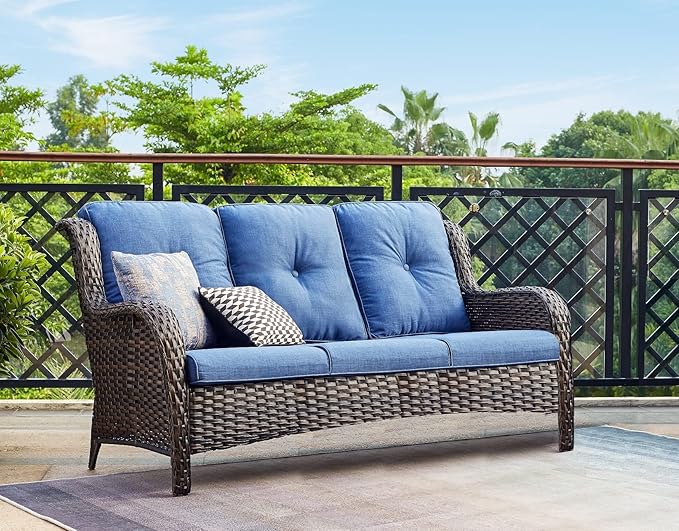 Rilyson Outdoor Couch Wicker Patio Sofa - 3 Seat Rattan Sofa with Deep Seating and Comfortable Cushions for Outside Porch Deck Balcony Garden(Brown/Blue)