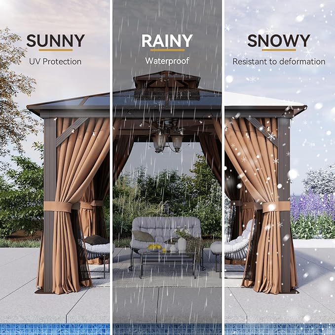 Aoxun 10'x10' Hardtop Gazebo, Outdoor Metal Gazebo with Double Polycarbonate Roof Canopy, Permanent Pavilion with Netting and Curtains for Lawn, Garden, Patio (Khaki)