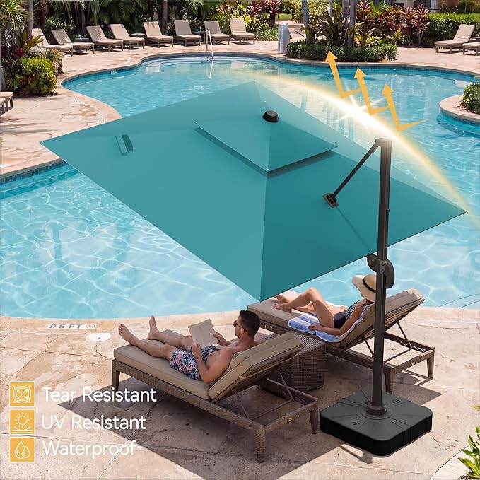10x10 FT Patio Umbrella with Base, Large Cantilever Double Top Heavy Duty Offset Umbrellas with 360° Rotation, Outdoor shade for Garden Deck Pool, Turquoise