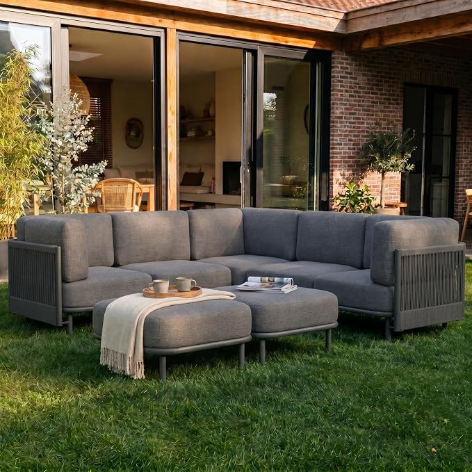 LayinSun 7 Pieces Patio Furniture Set, Modern Outdoor Modular Sectional Conversation Set L-Shaped Sofa with 7-inch Cushion for Garden Backyard Deck