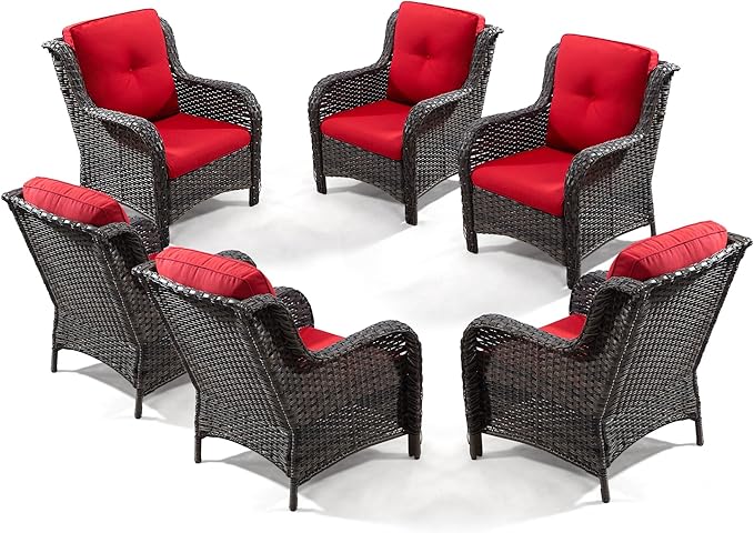 Outdoor Wicker Chair Rattan Patio Dining Chairs Set of 6 PE Wicker Patio Chairs with 4 inch Seat Cushions Patio Seating Chair for Garden, Backyard Swimming Pool, Balcony, Red