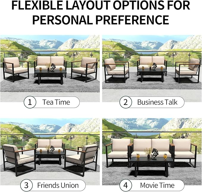Outdoor Patio Furniture Sets of 4, Metal Patio Conversation Sets with Coffee Table, Outside Seating Furniture with Loveseat, 2 Chairs and Thick Cushions for Porch, Apartments, Deck, Bistro, Garden