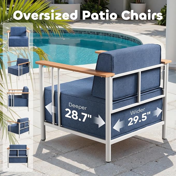 Luxury Patio Chairs Set of 2 with 10" Extra Thick Cushions, Outdoor Furniture with Rustproof Metal Frame and Olefin Fabric, Outdoor Patio Chairs for Porch, Balcony, Deck, Yard, White/Blue