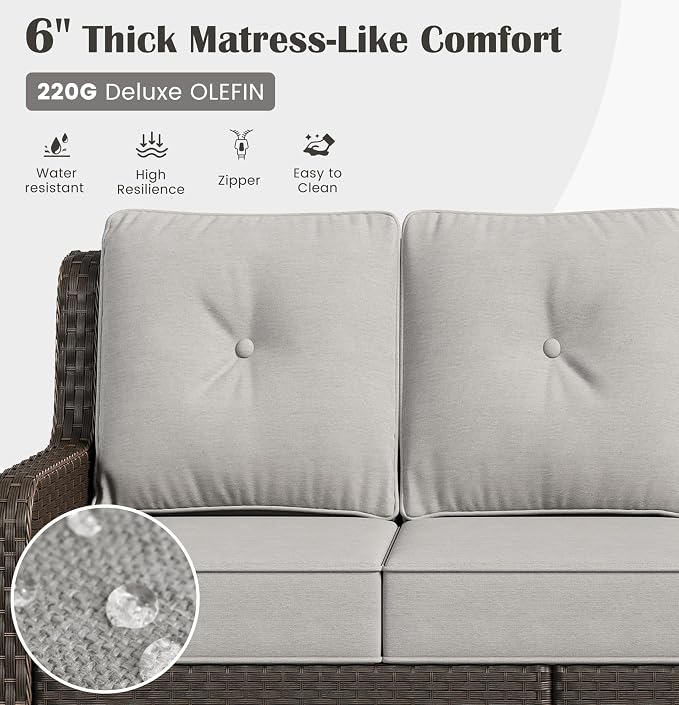 Sundale Outdoor Wicker Patio Furniture Set with Fire Pit, 7 Piece Outdoor Furniture Set with Swivel Chairs, Couch & Ottoman, High Back Patio Conversation Sets with 6" Cushions for Yard, Deck (Grey)