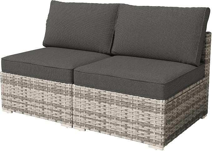 Weaxty 2 Pieces Patio Furniture Sets Middle Seats, Wicker Outdoor Sectional Sofa with Thicken Cushion, Patio Conversation Couch Set for Porch, Balcony,Yard, Poolside, Black
