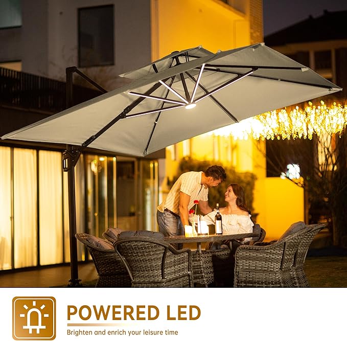 9 X 12 FT Cantilever Outdoor Patio Umbrella with LED Lights Large Heavy Duty 360° Rotation Double Top Offset Rectangular Umbrellas for Backyard Garden Pool Outside Deck, Beige