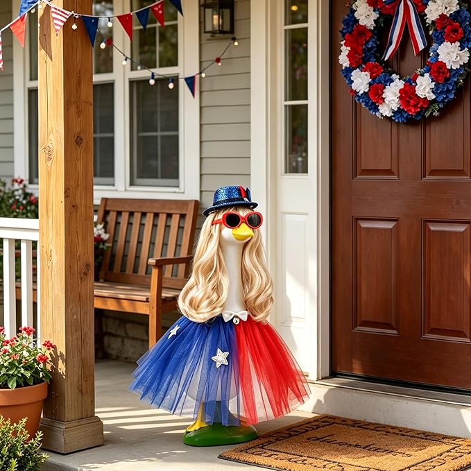 Porch Goose 4th of July Outfits 4 Pieces 4th of July Porch Goose Outfits with 1 Blonde Long Wigs Outdoor Decor for Lawn Goose Statues