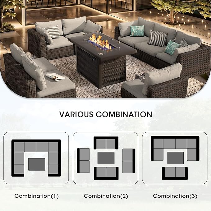 Patio Furniture Set 9 Pieces with 44" Fire Pit Table, Rattan Outdoor Sectional Conversation Sets, All Weather Outdoor Furniture Set with Cushions for Garden Lawn Balcony Porch Deck Grey