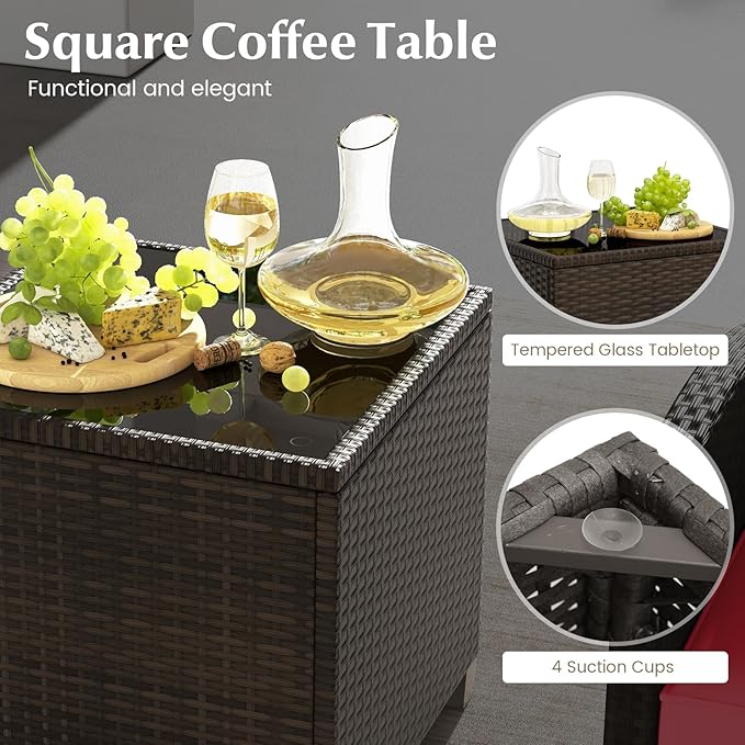Tangkula 5 Pieces Patio Conversation Set, PE Wicker Rattan Outdoor Furniture Set with 2 Chairs, 2 Ottomans & Tempered Glass Coffee Table, Ideal for Poolside, Backyard, Lawn, Deck, Mix Brown & Red
