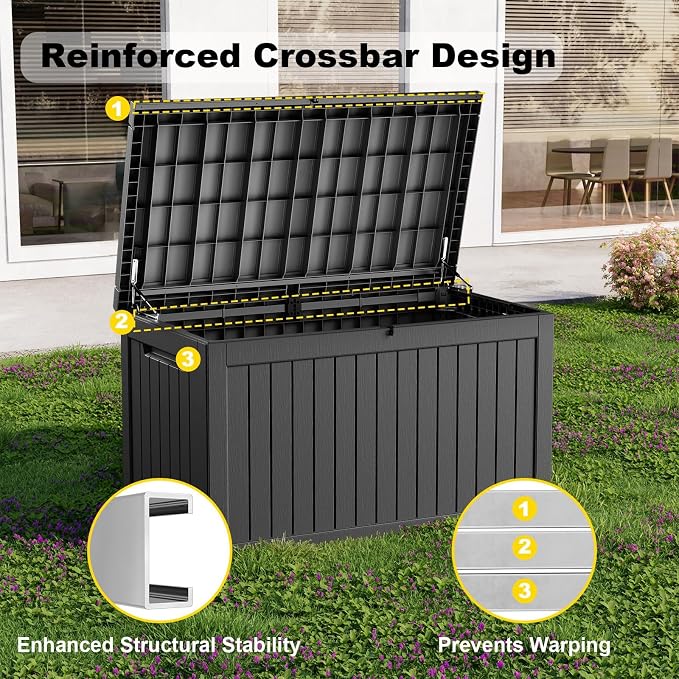 320 Gallon Large Outdoor Storage Box Waterproof, UV Resistant Resin Deck Box with Hydraulic Rod & Lockable Latch for Patio Furniture, Outside Storage Box for Garden Tools, Patio Cushions, Black