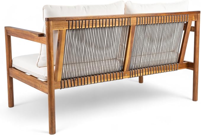 Christopher Knight Home Vorms 5-Piece Acacia Wood Patio Furniture Set with Rope Backrest, Patio Conversation Chat Set for Backyard Balcony, Outdoor 7-Seater Seating Group with Coffee Table, Teak+Cream