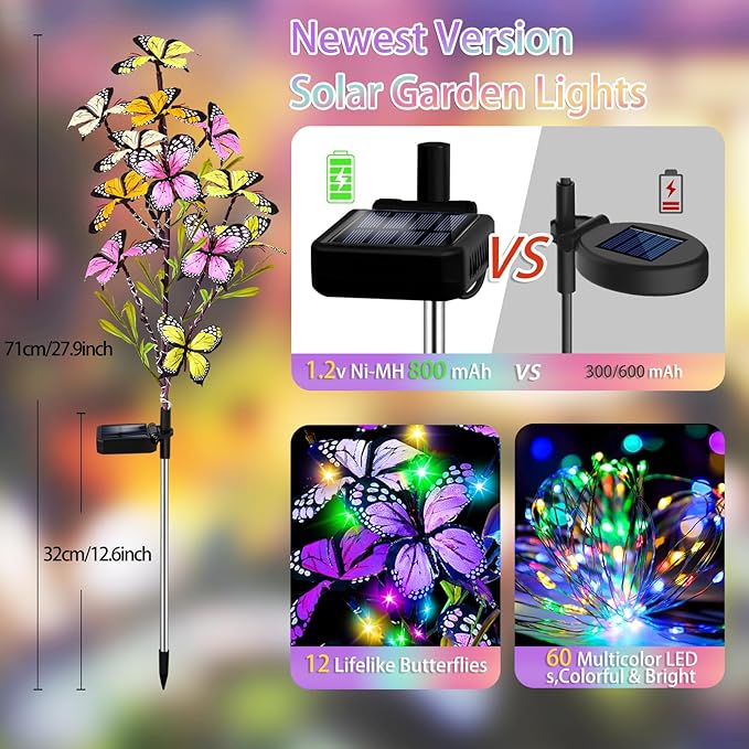 MRHEPHAESTUS Solar Garden Lights Outdoor Waterproof, 6 Pack Solar Butterfly Lights with 60 LED 12 Butterfly Colorful Lighting for Garden Yard Lawn Outdoor Decor, Gift for Mom Women Mother's Day
