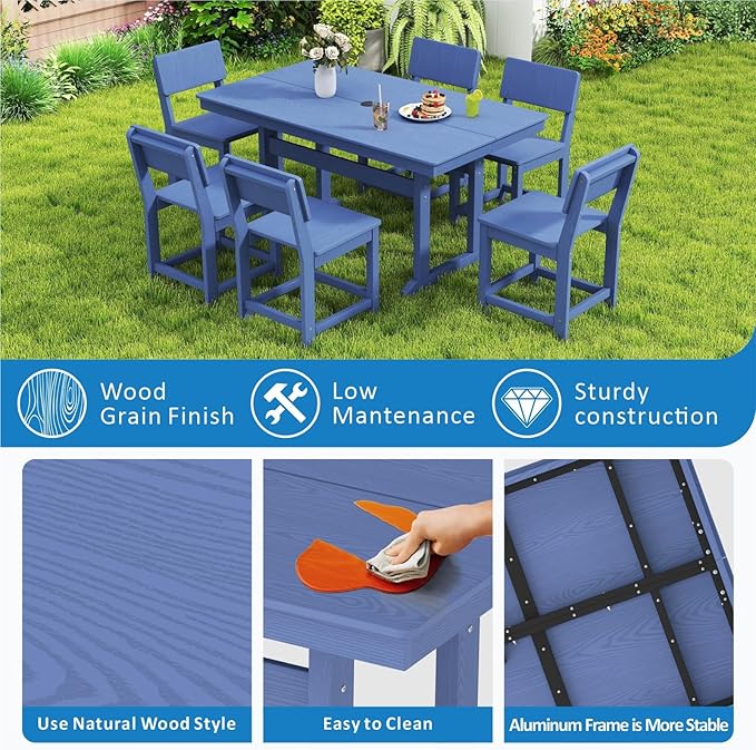 7-Piece HDPE Outdoor Patio Dining Set,Modern Plastic Dining Sets，Patio Table and Chairs Set with Umbrella Hole Cut-Out Table and 6 Chairs Navy