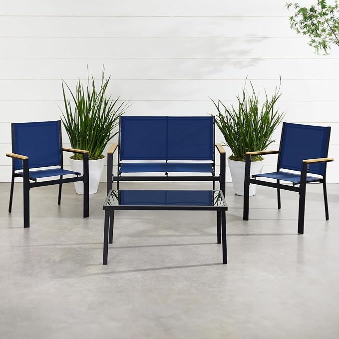 Best Choice Products 4-Piece Outdoor Textilene Patio Conversation Set, Backyard Furniture w/Loveseat, Coffee Table, Steel Frame - Black/Navy