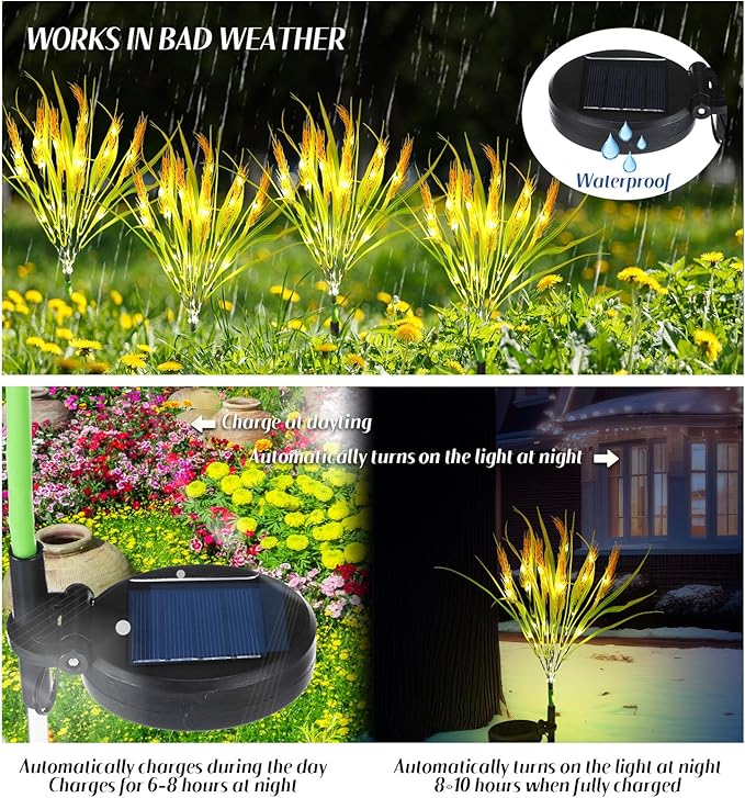 Rossesay 4 Pcs Thanksgiving Solar Lights Decorative Fall Outdoor Garden Autumn Solar Flowers Lights with 28 Realistic Wheat Ears Waterproof Decor for Yard Pathway Lawn Patio Garden Outdoor
