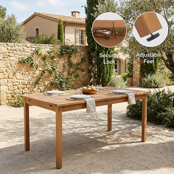 SUNSITT 7-Piece Outdoor Patio Dining Set, 59" - 79" Acacia Wood Expandable Outdoor Table Set and 6 Curved Patio Arm Chairs w/Removable Cushions for Backyard, Porch, Deck